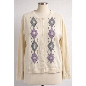EUC Alfred Dunner Argyle Knit Cardigan Sweater Cream XL